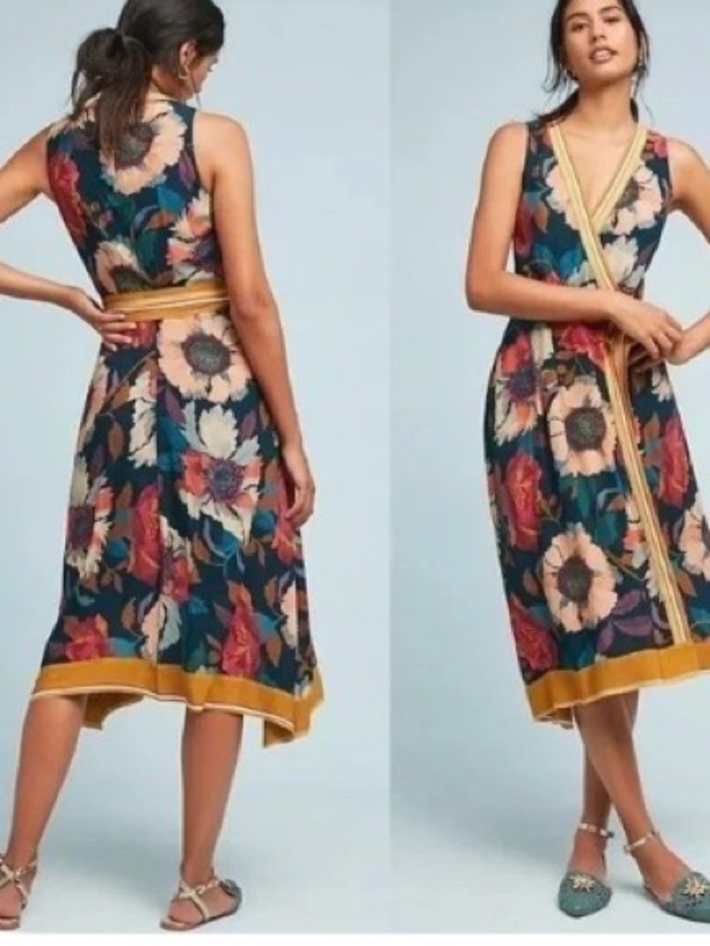 Anthropologie Maeve Botanical Feaux Midi and Dress with Mustard Trim